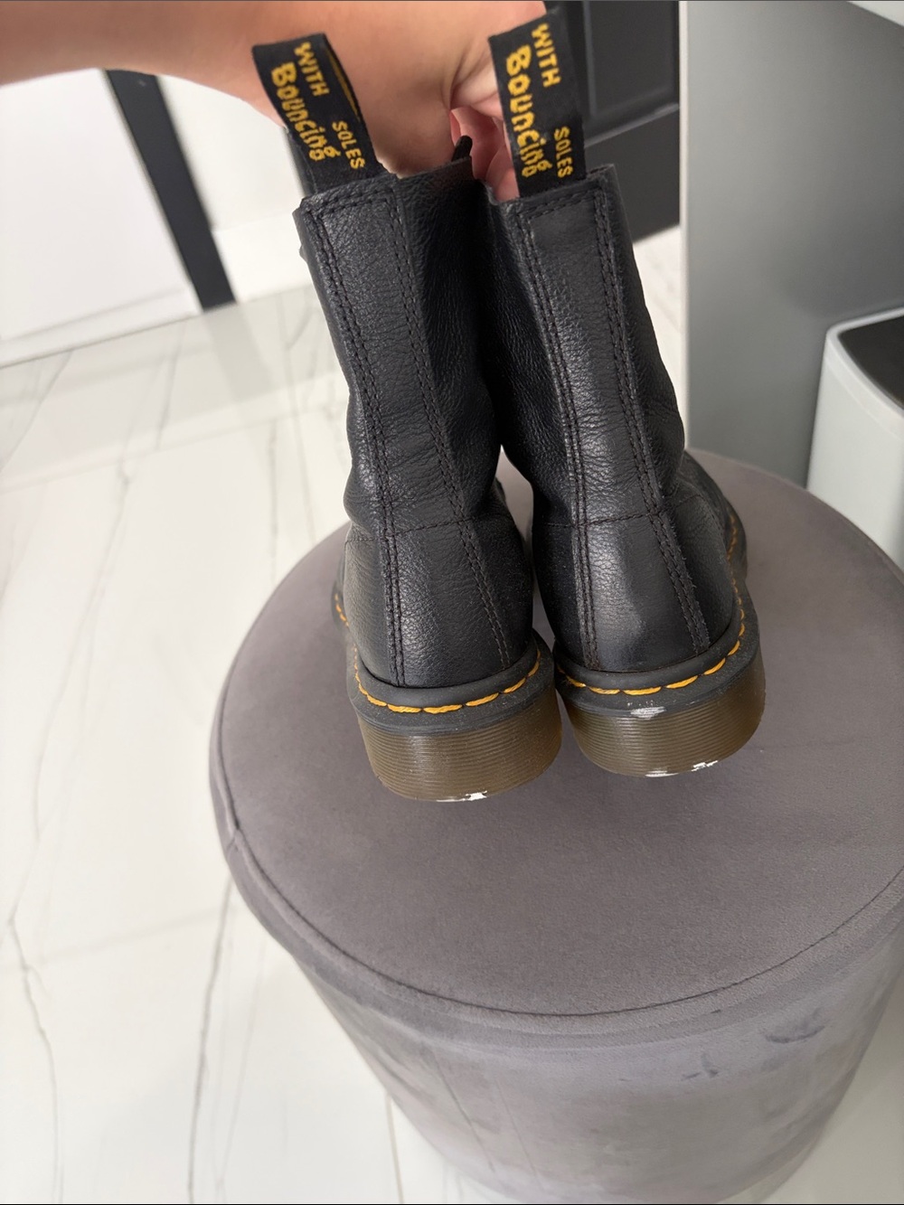 Dr. Martens Black Leather 8-Eye Lace-Up Boots with Yellow Stitching - Picture 2 of 4